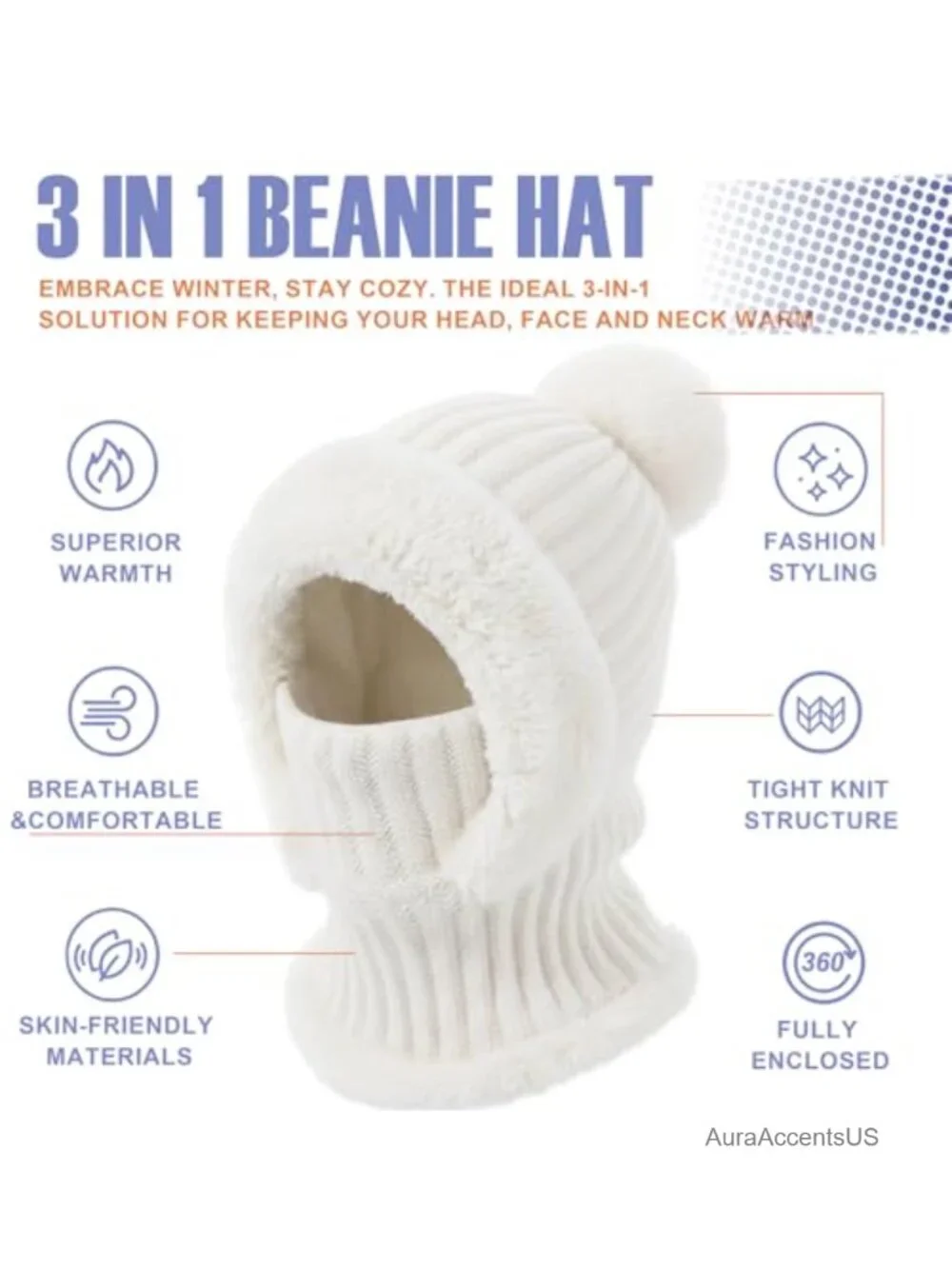 3-in-1 Beanie with Scarf & Mask, Acrylic Polyester Fleece Lined Winter Hat for